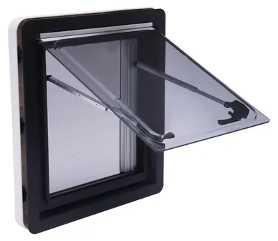Obrázek produktu pro Okna do obytných vozů a karavanů - výklopná okna, větrací okna - 48 x 52,6 cm - úhel otevření nastavitelný do 70 stupňů - integrovaná clona proti slunci - černá barva