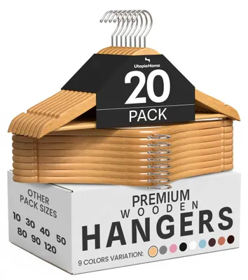 Produktbild von Utopia Home 20er Pack Holzbügel mit Hosenstange und Schulterrillen, stabiles und schlankes Design für Mäntel, Anzüge, Hosen und Jacken, Natur.