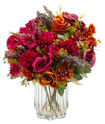 Image de 4 bouquets de fleurs artificielles "Kunstbloemen" : roses rouges et roses brunes, idéales pour la décoration