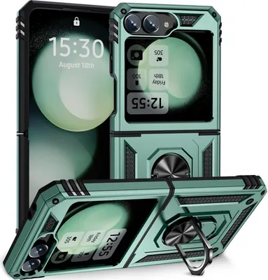 Obrázek produktu pro Pouzdro pro Samsung Galaxy Z Flip 6 / Z Flip 7 FE dvouvrstvé robustní, vojenská ochrana pouzdro s držákem prstenu a stojánkem Zelený
