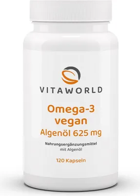 Produktbild von Vitaworld Omega-3 vegan | 120 Kapseln | 625 mg Algenöl und 250 mg DHA pro Kapsel | nachhaltige Mikroalgen | vegan