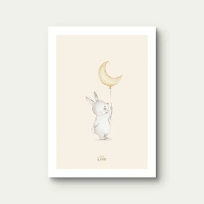 Obrázok produktu pre Detský plagát Little Livo „Zajačik a mesiac“ – plagát do detskej izby – dekorácia na stenu – 21 x 30 cm (A4) – matný – papier 250 g/m²