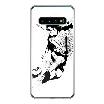 Produktbild von MuchoWow® Handyhülle Schutzhülle Hülle für Samsung Galaxy S10 Eine Illustration einer Person, die einen Fußball in Richtung Tor schießt - Jungen - Junge - Kind Silikon Softcase Handy Hülle - Handytasche