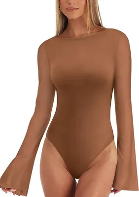 Zdjęcie produktu dla REORIA Damski body na wyjście z dzwonowymi rękawami Elegancki Vintage Brązowy XXL