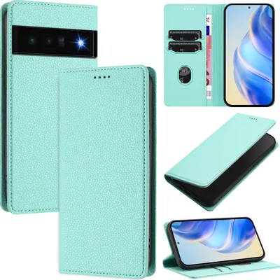 Produktbild von Litchi Leder Handyhülle für Google Pixel 6 Pro Wallet Kartenfächer Standfunktion Hülle Türkis