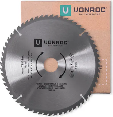 Produktbild von Vonroc Sägeblatt - 210mm - 60 Zähne - für Holz - geeignet für Tischkreissägen und Kappsägen