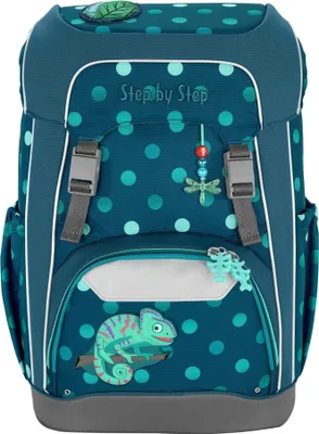 A teal backpack with polka dots and a chameleon design.