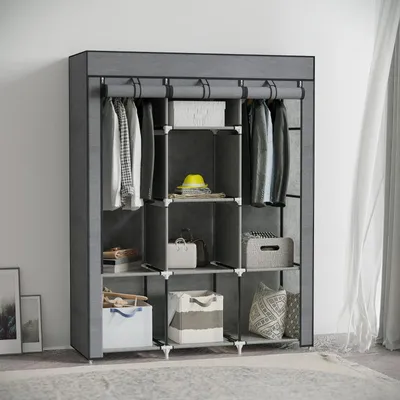 Image de Armoire en tissu avec 2 tringles et 8 étagères 125 x 162,5 x 43 cm Armoire pliante en tissu non-tissé pour chambre à coucher Gris foncé
