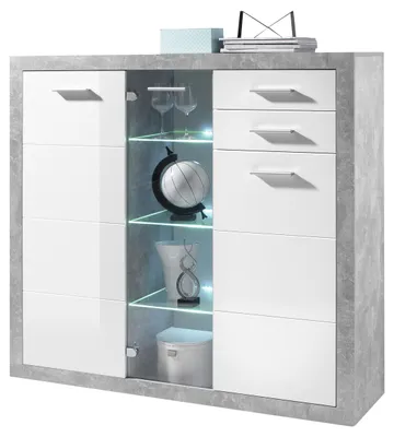 Produktbild von STONE Kommode mit Schubladen in Beton Optik, Weiß Hochglanz - Moderne Kommode mi