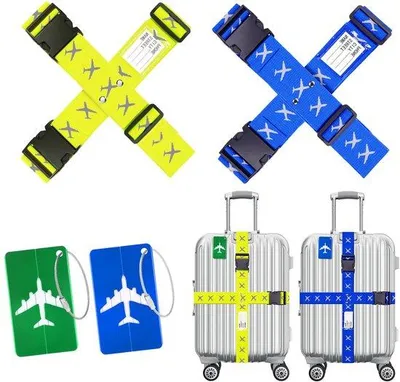 Immagine prodotto di Ibenzoa® Cinghie regolabili per valigie e portabiglietti – 4 cinghie in nylon, 2 portabiglietti, nastro in polipropilene con fibbie in poliestere/plastica, multicolore, per valigie e zaini