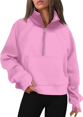 Produktbild von ASKSA Damen Sweatshirt Stehkragen Reissverschluss Pullover Einfarbige Fleece Oberteile, Rosa, M