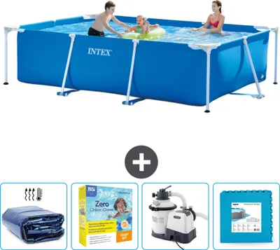 Produktbild von Intex-Schwimmbecken mit rechteckigem Rahmen – 300 x 200 x 75 cm – Blau – im Lieferumfang enthalten Sonnensegel - Wartungspaket - Filterpumpe für Schwimmbad - Bodenfliesen