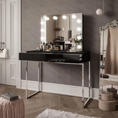 Produktbild von Schminktisch BLANCO GLAMOUR ELITE mit Spiegel und Beleuchtung schwarz Hochglanz