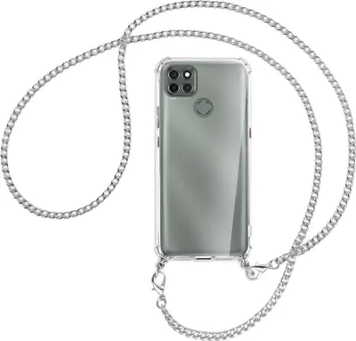 Produktbild von Handykette Backcover-Schutzhülle mit Band (Metall silberfarben) für Motorola Moto G9 Power - silberfarbene Kette