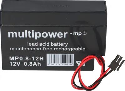 A black multipower lead acid battery with red and black wires attached.