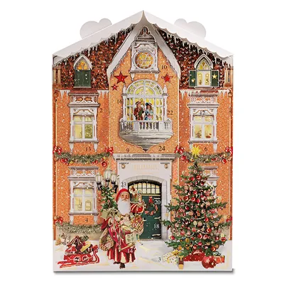 Produktbild von Adventskalender Weihnachtshaus mit Hohlfiguren aus feinster Edelvollmilch Schokolade, 275g