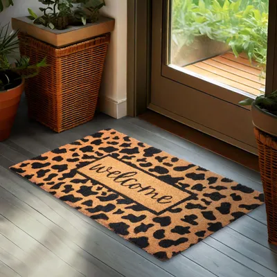 Image de Paillasson BRUBAKER pour l'extérieur et l'intérieur - Welcome avec motif léopard - 45 x 75 cm Tapis de propreté - Paillasson résistant aux intempéries - motif léopard