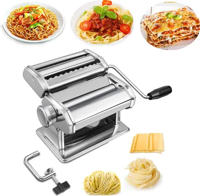 A pasta maker and examples of pasta dishes.