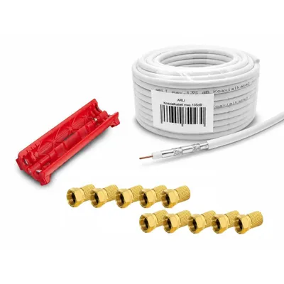 Produktbild von ARLI 50m Koaxialkabel max. 135dB 5-fach geschirmt + Abisoliermesser / Kabelmesser + 10x F-Stecker vergoldet mit Dichtring Werkzeug Set