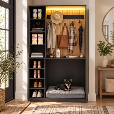 Produktbild von Merax Garderobe mit Hundebett, Flurgarderobe mit LED-Beleuchtung, 5 Kleiderhaken und offenen Seitenregalen, Haustiermöbel mit Hundehöhle, Schwarz