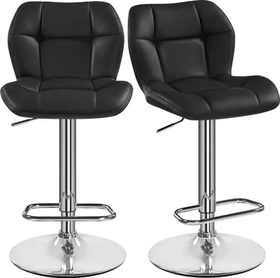 Two black bar stools with silver bases and footrests are shown against a white background.