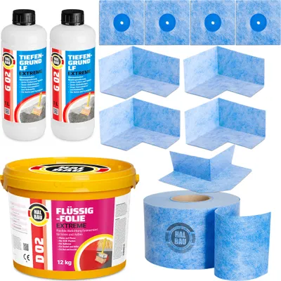 Immagine prodotto di Kit di sigillatura per interni ed esterni, composto da: membrana liquida da 12 kg, nastro sigillante da 15 metri, sigillante per angoli e primer H321