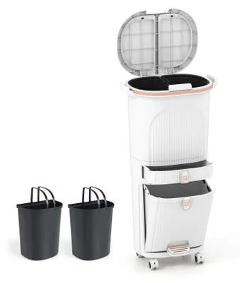 A white multi-compartment trash can with a pedal and two separate black bins is shown against a white background.