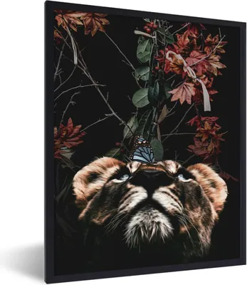 Produktbild von MuchoWow® MuchoWow® Gerahmtes Poster Tiger - Schmetterling - Blumen 30x40 cm - Poster mit zchwarzem Bilderrahmen - Wanddeko - Kunstdrucke