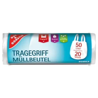 Produktbild von Gut & Günstig Müllbeutel mit Griff, 50 Liter, 20 Stück pro Rolle
