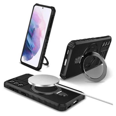 Immagine prodotto di Custodia per Samsung Galaxy S21 magnetica con MagSafe, supporto per anello, supporto, custodia protettiva a doppio strato nera