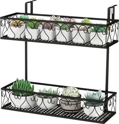 A two-tiered black metal shelf holding several potted succulents.