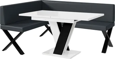 Produktbild von MEBLINI Eckbank für Esszimmer mit ausziehbarem Tisch - Küchenbank - Essecke - Sitzecke Küche - ERIC - X-Beine 128x168x87cm Links - Dunkelgrau Kunstleder/M Weiß-Schwarz Hochgl.