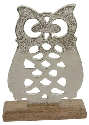 Produktbild von Deko Eule aus Aluminium mit Holzsockel H 25 cm