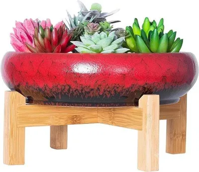 Zdjęcie produktu dla Duża doniczka do bonsai z podstawką - Płaska doniczka do kaktusów z kratką drenażową 25,4 CM Ceramiczny pojemnik na rośliny kwiatowe do użytku wewnątrz/na zewnątrz (czerwony)