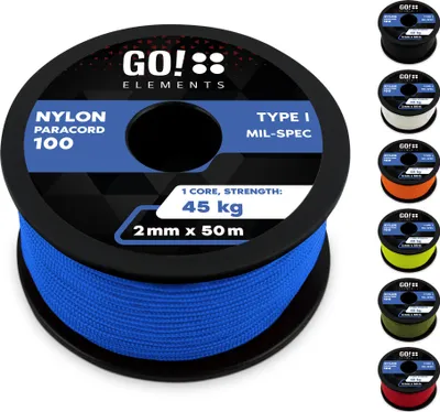 Produktbild von GO!elements 50m Paracord 2mm Seil aus reißfester Nylonschnur - Paracord 100 Typ I Survival Schnur - Reißfest bis 45kg - geeignet als Allzweckseil, Reepschnur, Kordel, Maurerschnur, Farbe: Blau