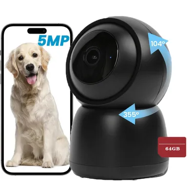 Obrázek produktu pro 5MP vnitřní sledovací kamera, kamera pro psy a kočky, 2,4G/5GHz WLAN kamera, dětská chůvička s kamerou, 64GB paměťová karta
