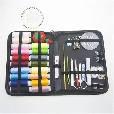 Imagen del producto de Kit de costura para el hogar, viajes y manualidades. Incluye 126 piezas, herramientas para bordado y costura, y un estuche de costura