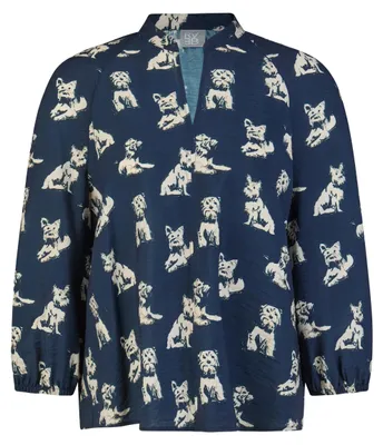 Produktbild von Rabe Damen Bluse Dunkelblau mit Hunde-Motiv, 3/4-Ärmeln und V-Stehkragen, Animal Print, Gr. 46