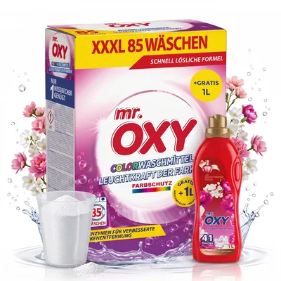 Immagine prodotto di Detersivo liquido colorato Mr. OXY XXXL, per 85 lavaggi, 5,1 kg + IN OMAGGIO 1 litro di ammorbidente – Formula enzimatica per una potente azione contro le macchie, ideale per il bucato colorato