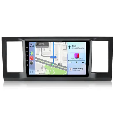 Image de Autoradio Android 15 de 9 pouces avec Carplay, 4 Go de RAM et 64 Go de stockage, compatible avec les modèles VW Caravelle de 2015 à 2020. Inclut GPS, WiFi, Bluetooth, commandes au volant (SWC), tuner FM/RDS et ports USB. Format 2DIN