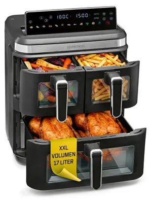 Produktbild von GOURMETmaxx Heißluft-Fritteuse 3000W schwarz/ Edelstahl 17l 3 Frittierkammern mit Sichtfenster