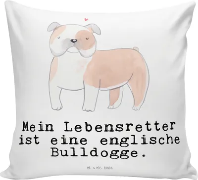Produktbild von Mr. & Mrs. Panda Deko Kissen Englische Bulldogge Lebensretter - Weiß - Geschenk, Sofa, bedruckt, kuschelkissen 40x40, Couchkissen, für