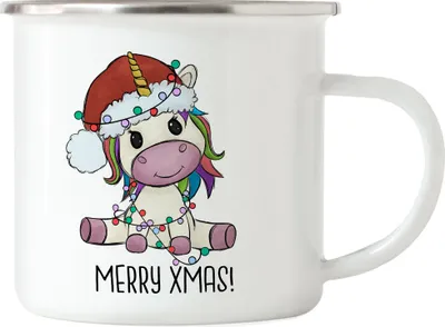 Produktbild von Merry Christmas Emaille-Tasse Geschenkidee Einhorn-Fans Unicorn Süßes Motiv für Weihnachten für Kinder