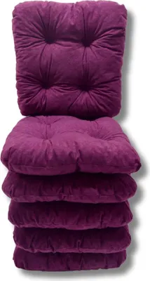 A stack of four purple chair cushions.