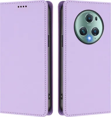Immagine prodotto di Custodia in pelle per Honor Magic5 Pro, custodia magnetica in Finto cuoio con supporto viola chiaro