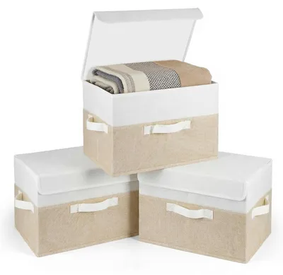 Produktbild von 3-teiliges, faltbares Aufbewahrungsbox-Set mit Stoffbezug, Deckel und Griffen, Waschstange, beige, 38 x 24 x 24 cm