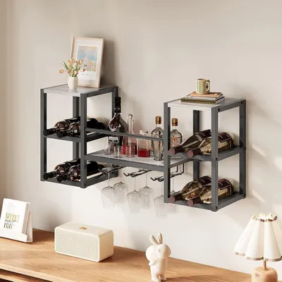 Produktbild von Weinkeller für die Wand – 3-stufiges Wandweinelement mit 6 Fächern für Gläser – Wandmontage – Weinflaschenhalter für die Wand – Multifunktionales Wandregal für Flaschen