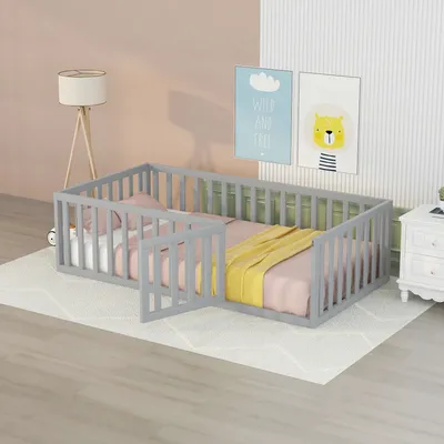 Produktbild von Flieks Kinderbett Bodenbett Holzbett mit Rausfallschutz und Tür, Spielbett Einzelbett für Kinder 90x200cm, Grau
