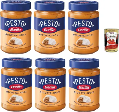 Produktbild von Barilla Pesto Ricotta e Noci – cremiges Pesto mit Ricotta & Walnüssen, 6×190 g Familienvorrat – ohne Konservierungsstoffe – ideal zu Pasta & Bruschetta + Italian Gourmet polpa
