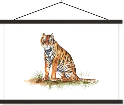 Produktbild von MuchoWow® Textilposter Tiger - Gras - Orange 90x60 cm mit schwarzem Rahmen - Aufhängungssatz